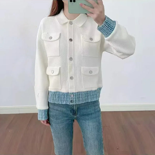 Cardigan en maille pour femme, style décontracté, collection 2026, col rabattu, manches longues, simple boutonnage, ourlet patchwork denim.