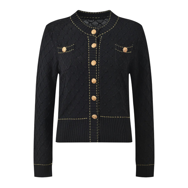 Black quilted jacket with gold buttons and trim on a white background