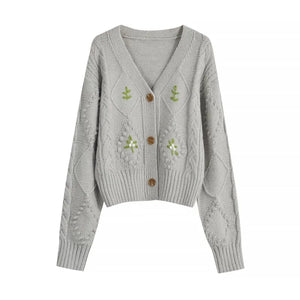 Embroidered V-Neck Knit Cardigan