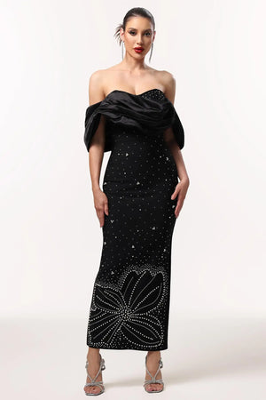 Women Chic IWinify Off Shoulder Rhinestone Bandage Black Maxi Dres Ladies Bodycon Occassion Birthday Cocktail Prom Party Dresses