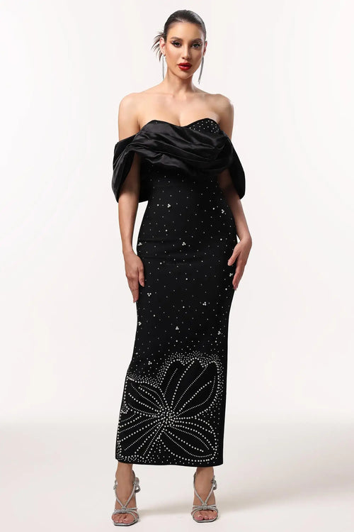 Women Chic IWinify Off Shoulder Rhinestone Bandage Black Maxi Dres Ladies Bodycon Occassion Birthday Cocktail Prom Party Dresses