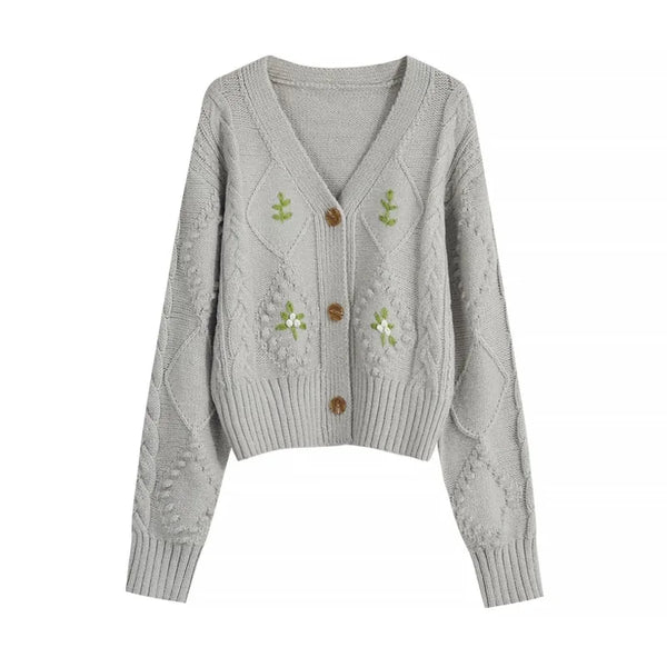 Embroidered V-Neck Knit Cardigan