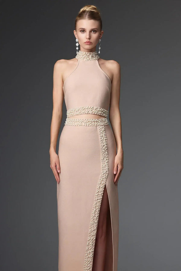 Women Chic IFenby Halter Sleeveless Slit Beige Bandage Maxi Dress Ladies Bodycon Occassion Birthday Cocktail Prom Party Dresses