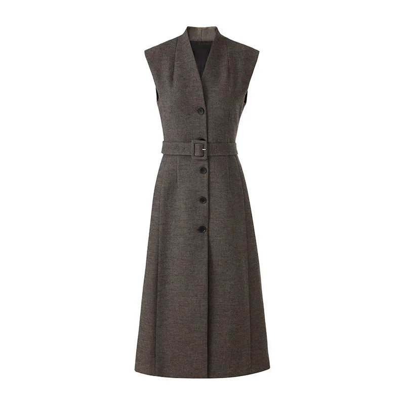 Gray sleeveless dress with buttons on a white background