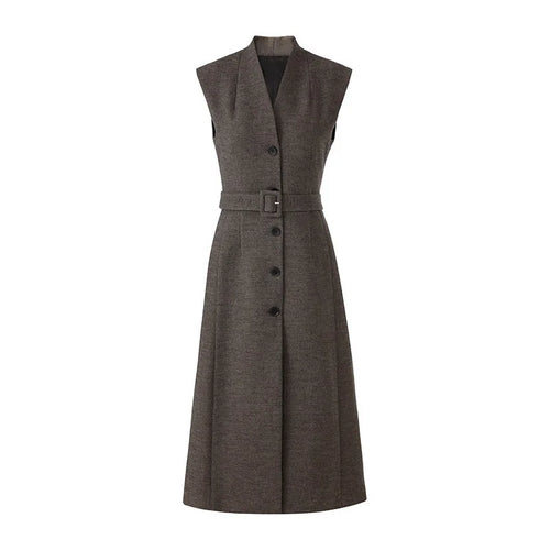 Gray sleeveless dress with buttons on a white background