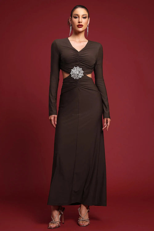 Women Chic IFerla Elegant Contour Long Sleeve Ruched Cut Out Maxi  Ladies Bodycon Occassion Birthday Cocktail Prom Party Dresses Winteres