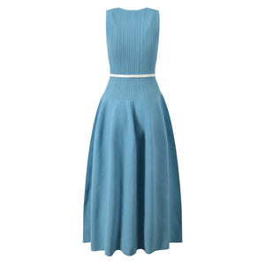 Blue dress with a white belt on a white background