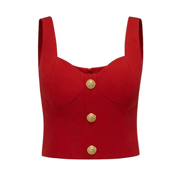 Red crop top with gold buttons on a white background