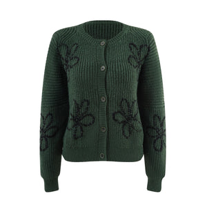 Intarsia Button Crew-Neck Knit Cardigan Winteres