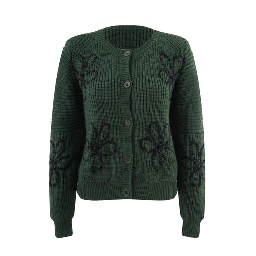 Intarsia Button Crew-Neck Knit Cardigan Winteres