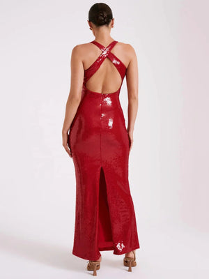 2024 Summer Women'S Dress Black Luxury Sequins Tight Sexy V-Neck Sleeveless Backless Catwalk Party Long Gowns With 3d Flower Winteres