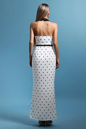 Women Chic IDaryl Sleevess Polka Dot V-Neck Maxi Dress Ladies Bodycon Occassion Birthday Cocktail Prom Party Dresses - back view