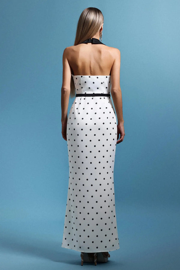 Women Chic IDaryl Sleevess Polka Dot V-Neck Maxi Dress Ladies Bodycon Occassion Birthday Cocktail Prom Party Dresses - back view
