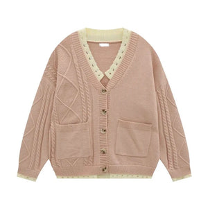 Pull en tricot pour femme, col en V, grandes tailles, manches longues, épaules tombantes, gilet en maille torsadée boutonnée