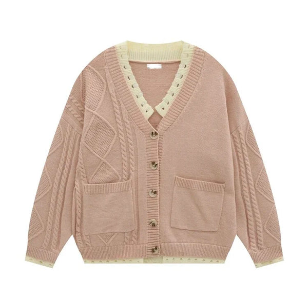 Pull en tricot pour femme, col en V, grandes tailles, manches longues, épaules tombantes, gilet en maille torsadée boutonnée