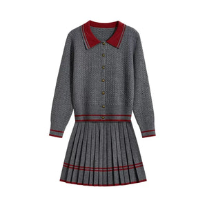 Polo-Neck Jacquard Preppy Knit & Skirt Set Winteres