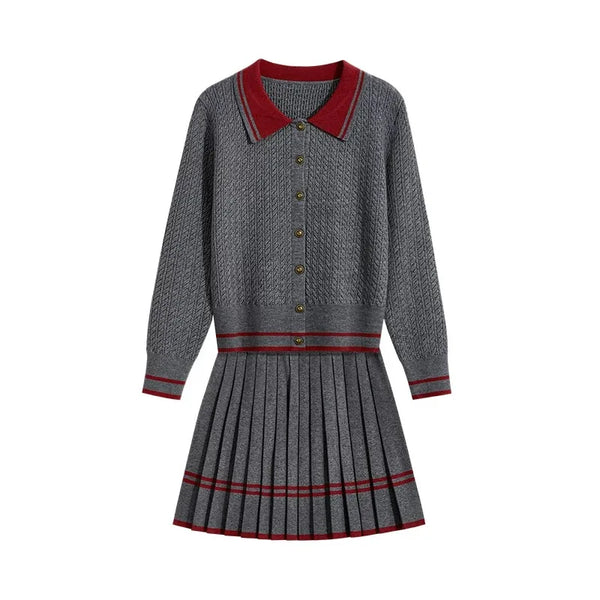Polo-Neck Jacquard Preppy Knit & Skirt Set Winteres