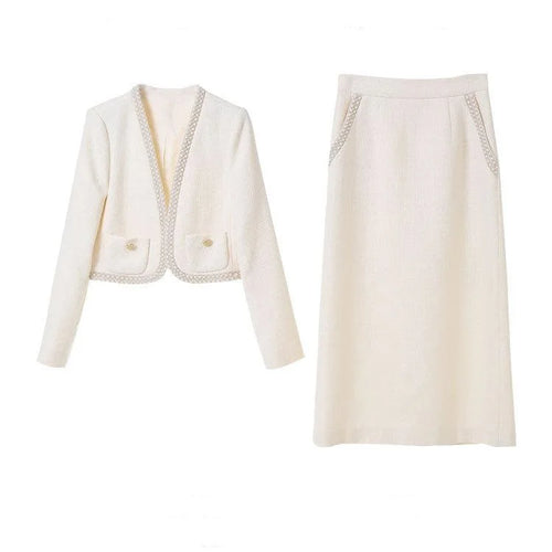 Delicate Perlage Femme Élégant Ensemble Costume Col V Manches Longues Manteau Jupe Midi Trapèze Femme Couleur Unie 2 pièces