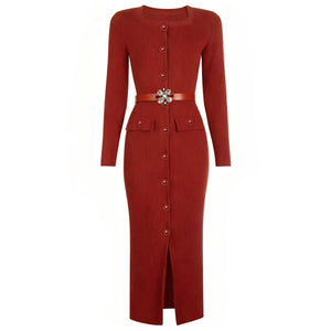 Red dress with a belt on a white background