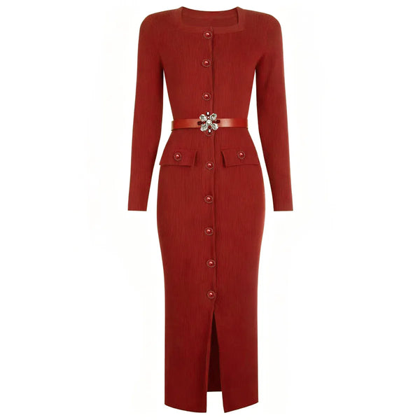 Red dress with a belt on a white background
