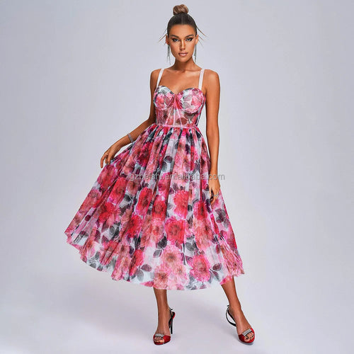 Women Sleeveless Hot Pink Floral Corset Mesh Midi Dress Winteres