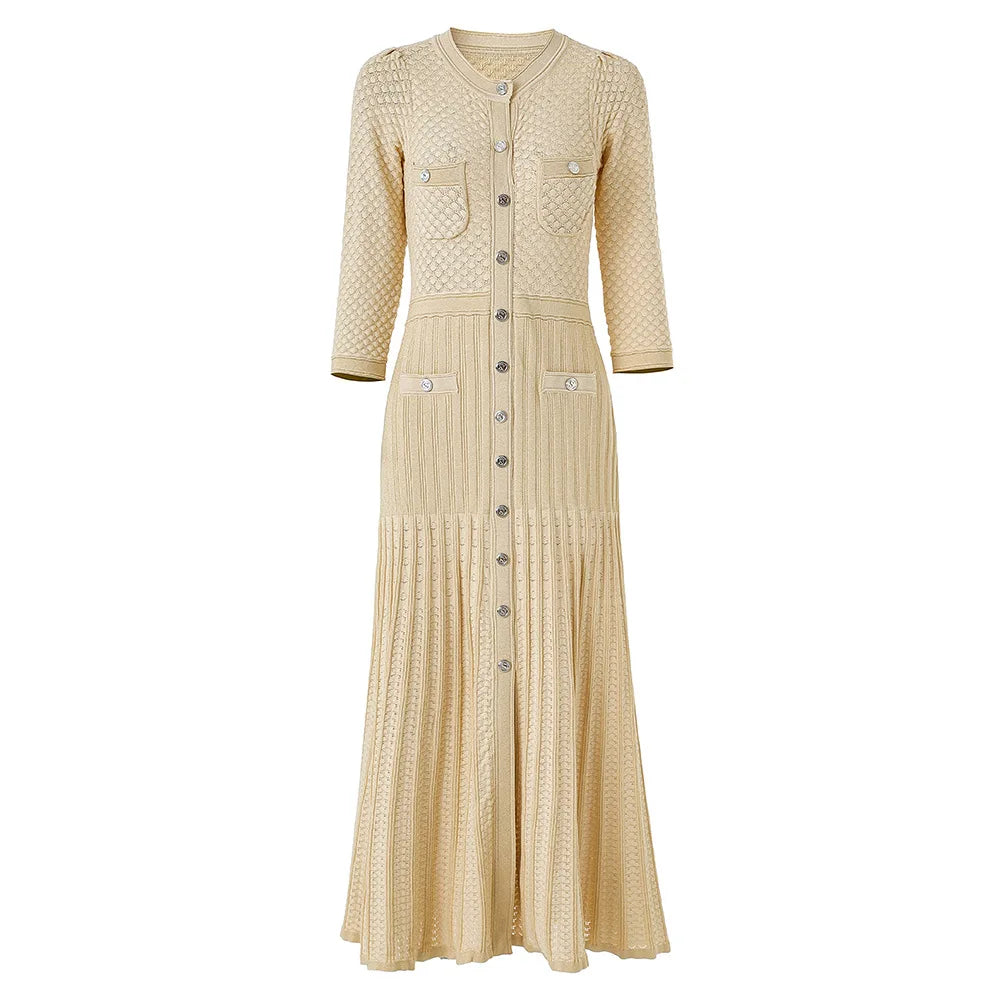 Beige dress with textured pattern and button details on a white background