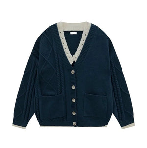 Pull en tricot pour femme, col en V, grandes tailles, manches longues, épaules tombantes, gilet en maille torsadée boutonnée