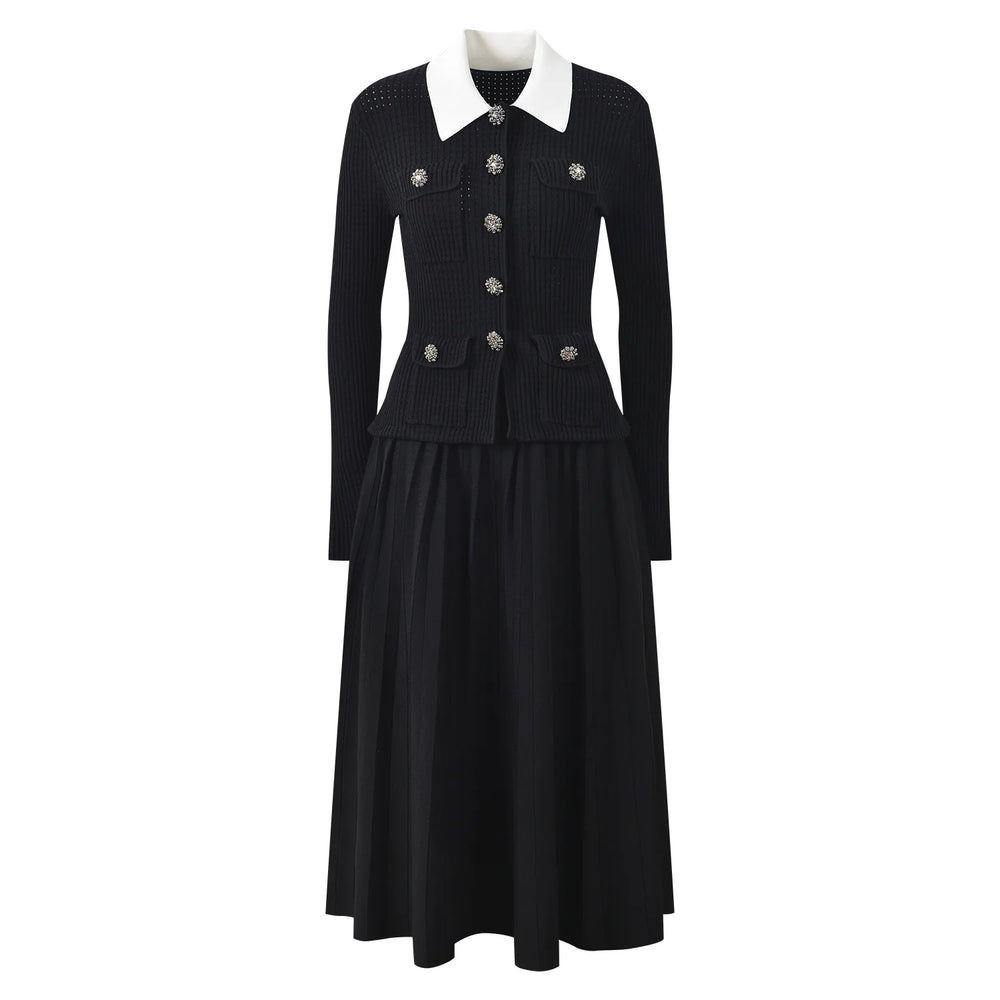 Black dress with white collar on a white background