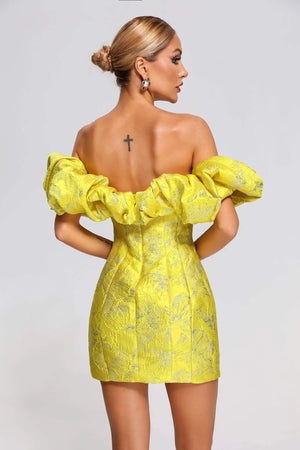 BEISHI Fashion Womens Clothing Off Shoulder Ruffles Jacquard Yellow Strapless Mini Bodycon Dresses Party Club Winteres