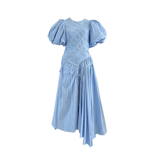 New Style Women's Summer High Quality Dress French Elegant Simple Long Dress Puff Sleeve Round Neck Pleated Elegant Party Dress Winteres