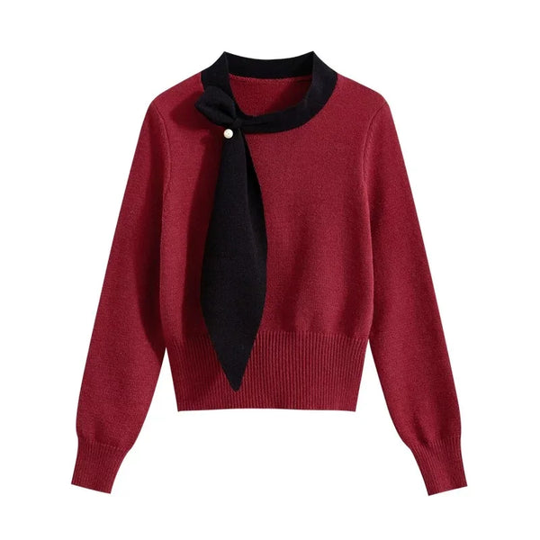 Scarf-Collar Tie Knit Pullover Winteres