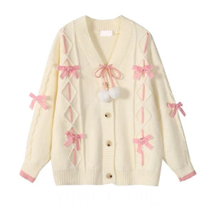 Pull tricoté personnalisé à faible MOQ pour femme, col en V, manches longues, grande taille, avec nœud papillon, épaules tombantes, boutonnage, gilet en tricot pour femme.