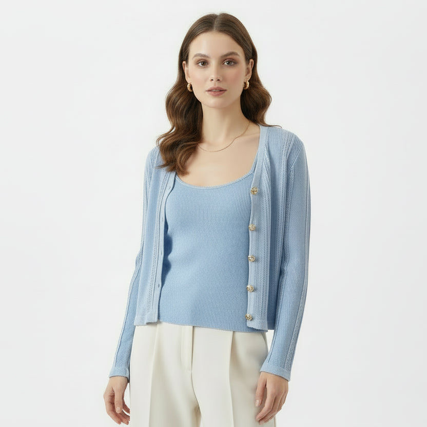 French Knit Cardigan with Vest – Light-Blue Knit Cardigan – Winteres