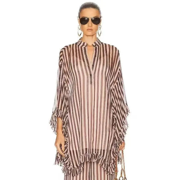 A10615 Migugarment Summer Spring Party Dress for Ladies V-neck Two-piece Long Set Button Tassel Embellishments Striped Dress Winteres