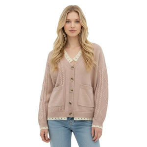 Pull en tricot pour femme, col en V, grandes tailles, manches longues, épaules tombantes, gilet en maille torsadée boutonnée