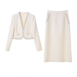 Delicate Perlage Femme Élégant Ensemble Costume Col V Manches Longues Manteau Jupe Midi Trapèze Femme Couleur Unie 2 pièces