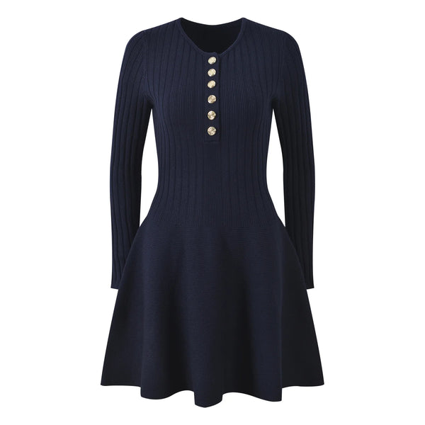 Navy blue dress with long sleeves and button details on a white background