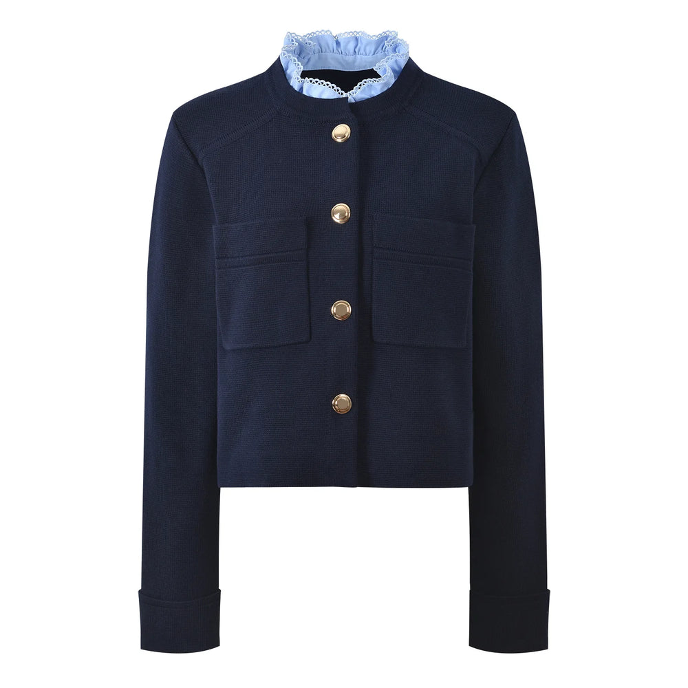 Navy blue jacket with gold buttons on a white background