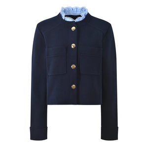 Navy blue jacket with gold buttons on a white background