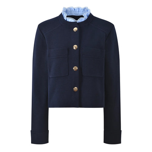 Navy blue jacket with gold buttons on a white background