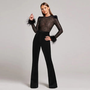 Fashion Design  Sexy Long Sleeve Sequin Feather Black Bodycon Bandage  One Pieces Jumpsuits Winteres