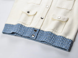Cardigan en maille pour femme, style décontracté, collection 2026, col rabattu, manches longues, simple boutonnage, ourlet patchwork denim.