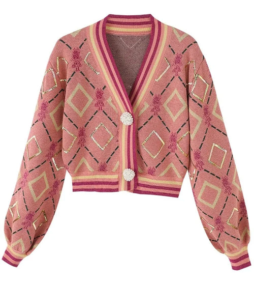Puff-Sleeve Jacquard Sequin Snap Cardigan Winteres