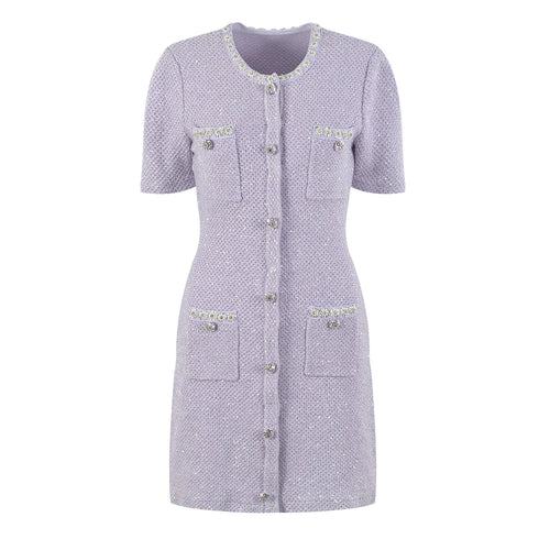 Short-sleeve dress with button details on a white background