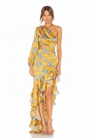 Ladies One-Shoulder Floral Print Ball Gown Casual Style Maxi Length Waist Cut-out Irregular Hem Strapless Neckline Bow Winteres
