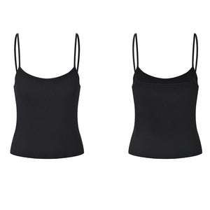 Two black spaghetti strap tops on a white background