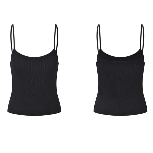 Two black spaghetti strap tops on a white background
