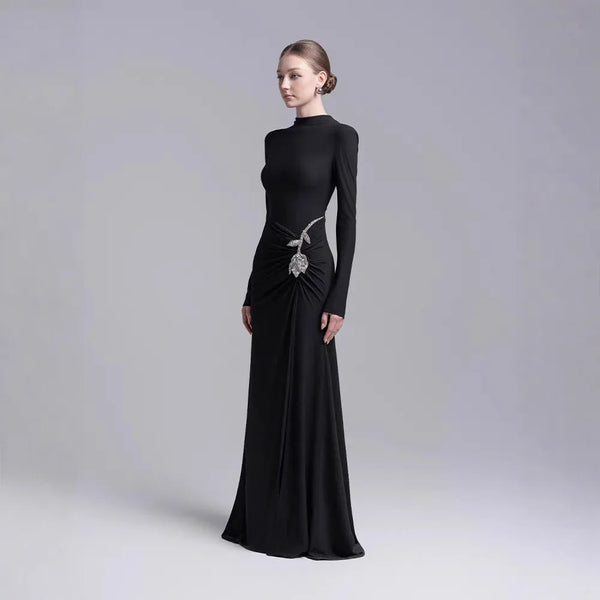 Wholesale New High Neck Long Sleeve Regular Fit Floor-Length Casual Sequined Solid Dress XL Winteres