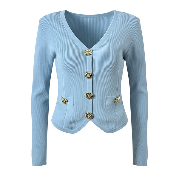 Light blue cardigan with gold buttons on a white background