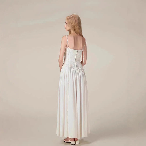 High-quality Vietnam Hollow Out Halter White Dress Pleated Elegant Long Casual Dress Winteres
